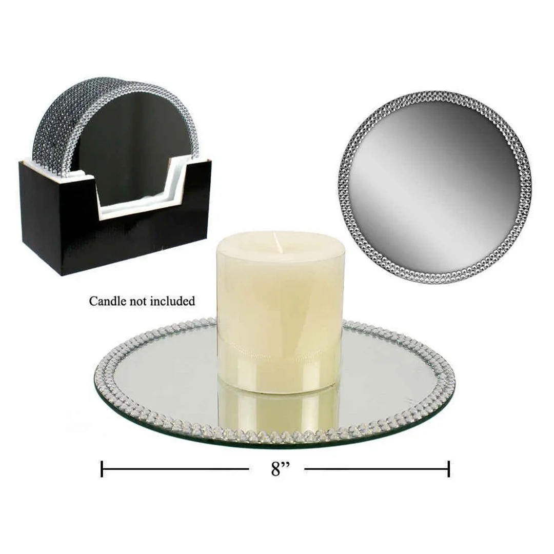 8"D Glass Mirror Candle Plate with Rhinestones