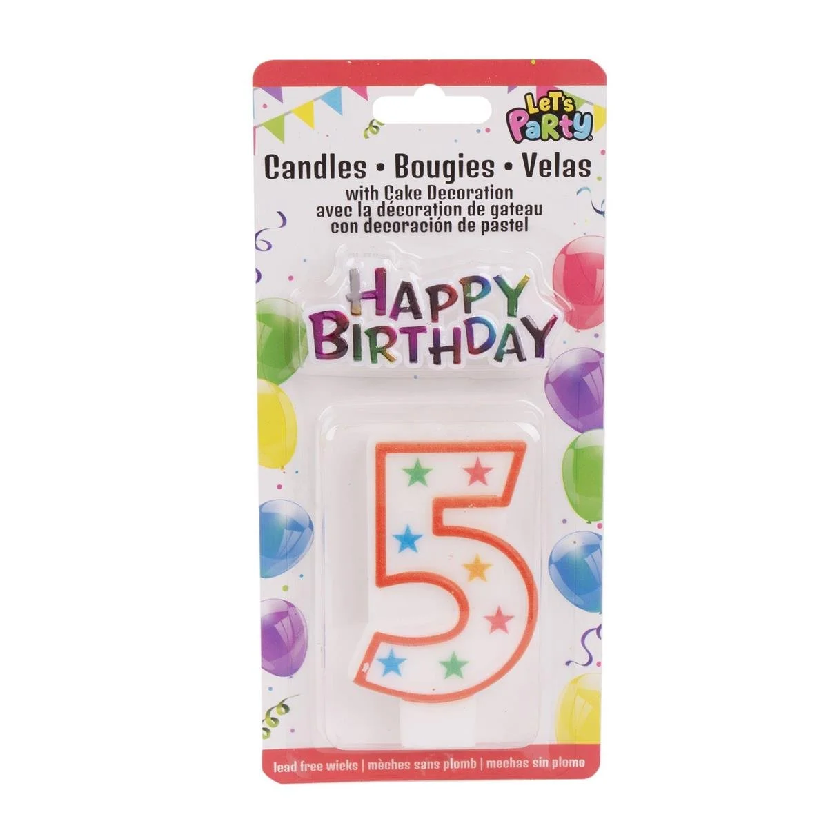 Let's Party #5 Birthday Candle set 8cmH, 6.5x3cm sign