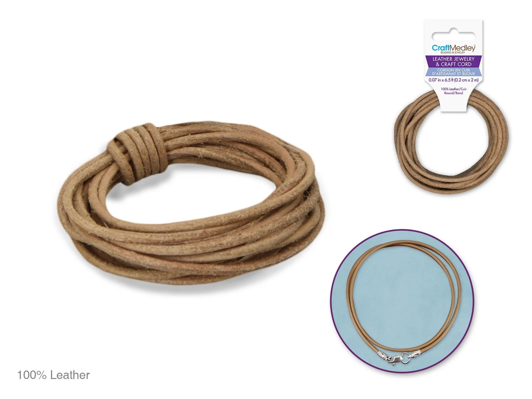 Jewelry/Craft Cord: 100% Leather 2mm Round 2m C) Natural