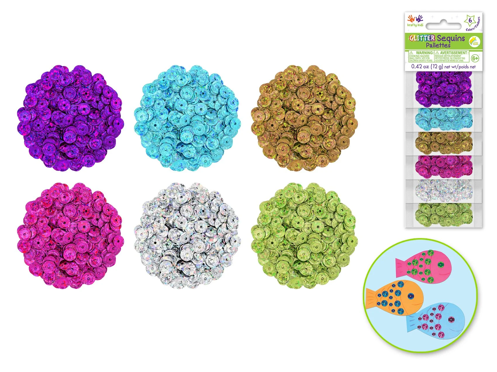Krafty Kids: 12g Glitter Sequins (6ea x 2g) B) 6mm Cup Glam