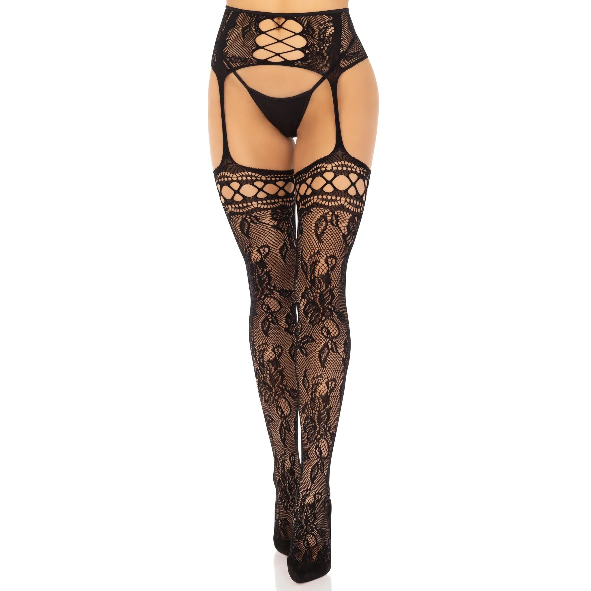 French Rose Lace Backseam Stockings w/ Attached Garter Belt