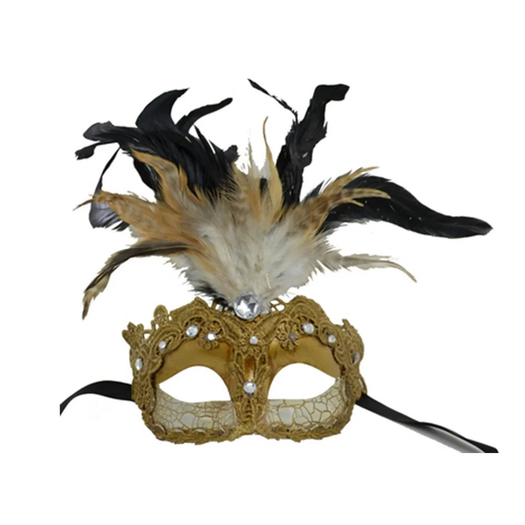 GOLD LACE MASK W/FEATHERS