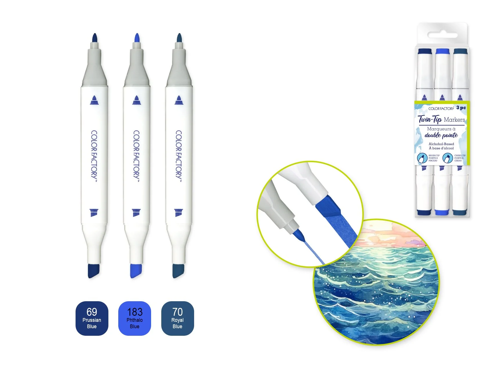 Color Factory: Alcohol Based Twin Markers Fine+Chisel Tips 3pk D) Denim