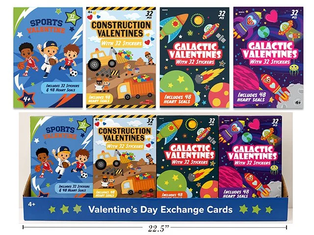 32ct V'tine Boys Exchange Cards Assortment w/ Stickers 4 Asst: