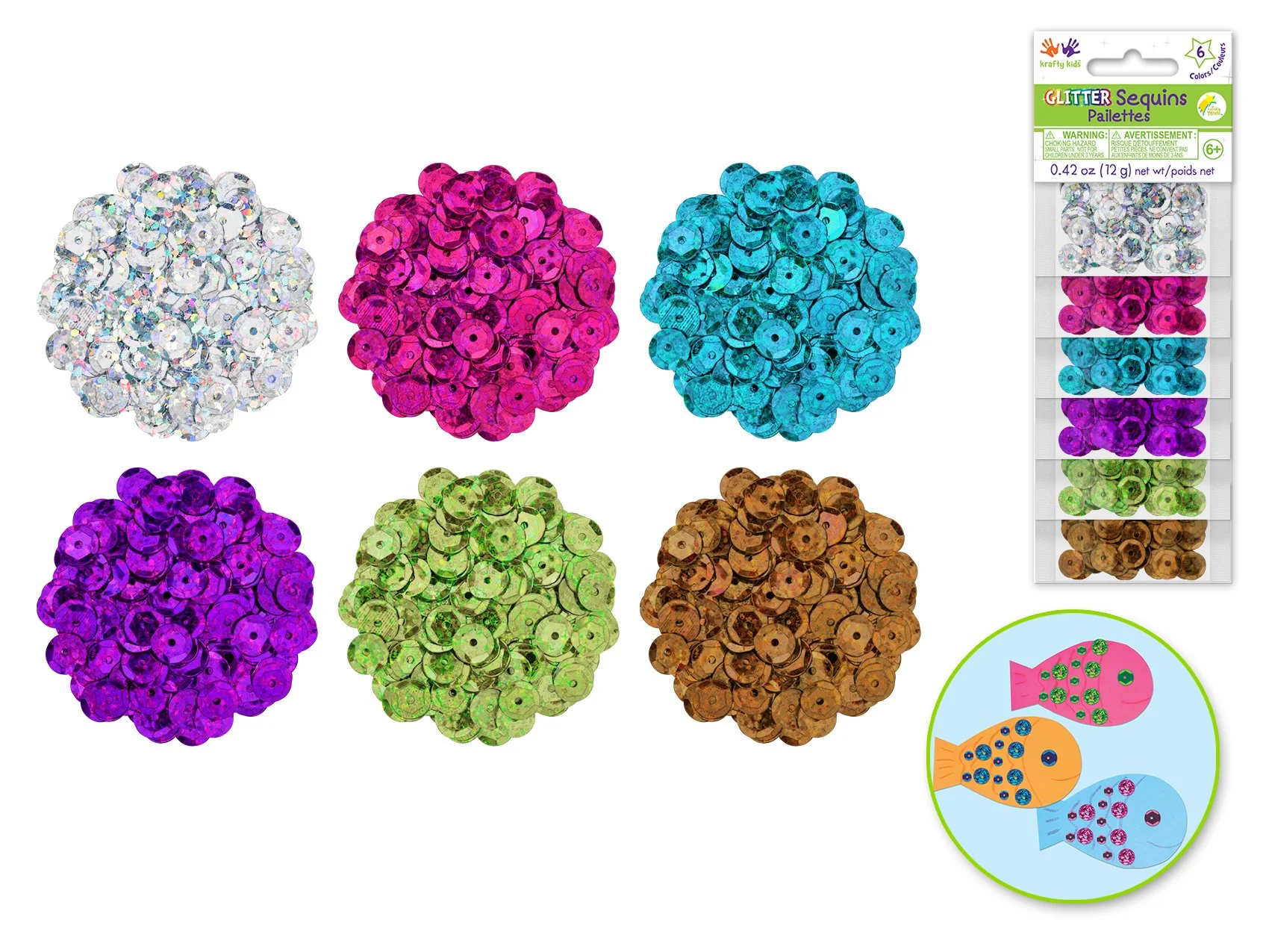 Krafty Kids: 12g Glitter Sequins (6ea x 2g) D) 8mm Cup Glam