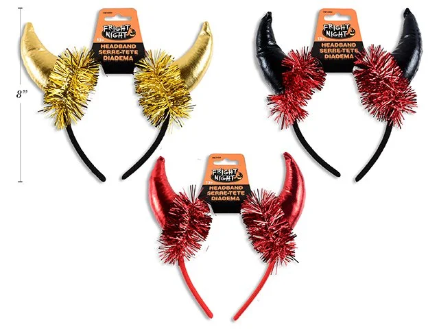 7in x 7.25in Hween Devil Horn Headband w/Tinsel. 3 Cols: Red / Black / Gold