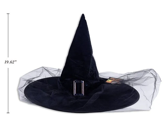 19-5/8in(D) Hween Deluxe Gothic Veiled Velvet Witch Hat w/ Bucklet