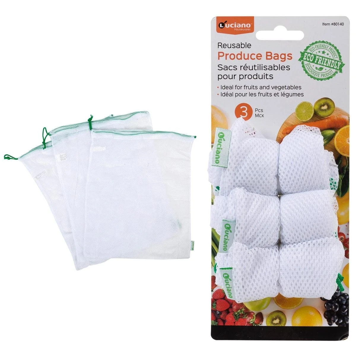 Luciano 3-pc Reusable Produce Bags, Each size - 11"W x 15"L