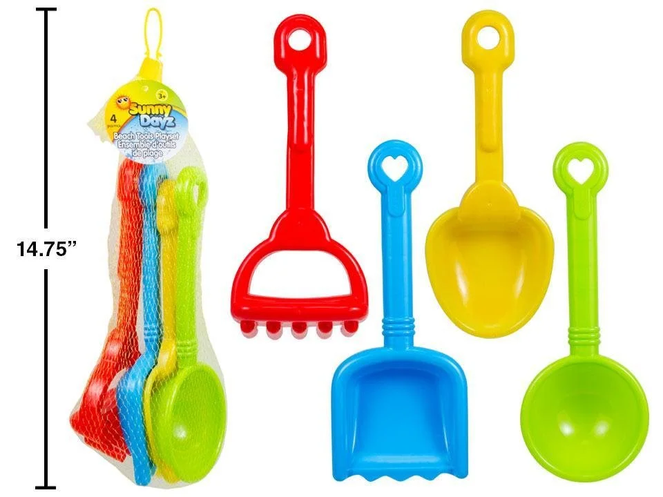 Sunny Dayz 4pcs 9.5"H Beach Tools Playset, net bag