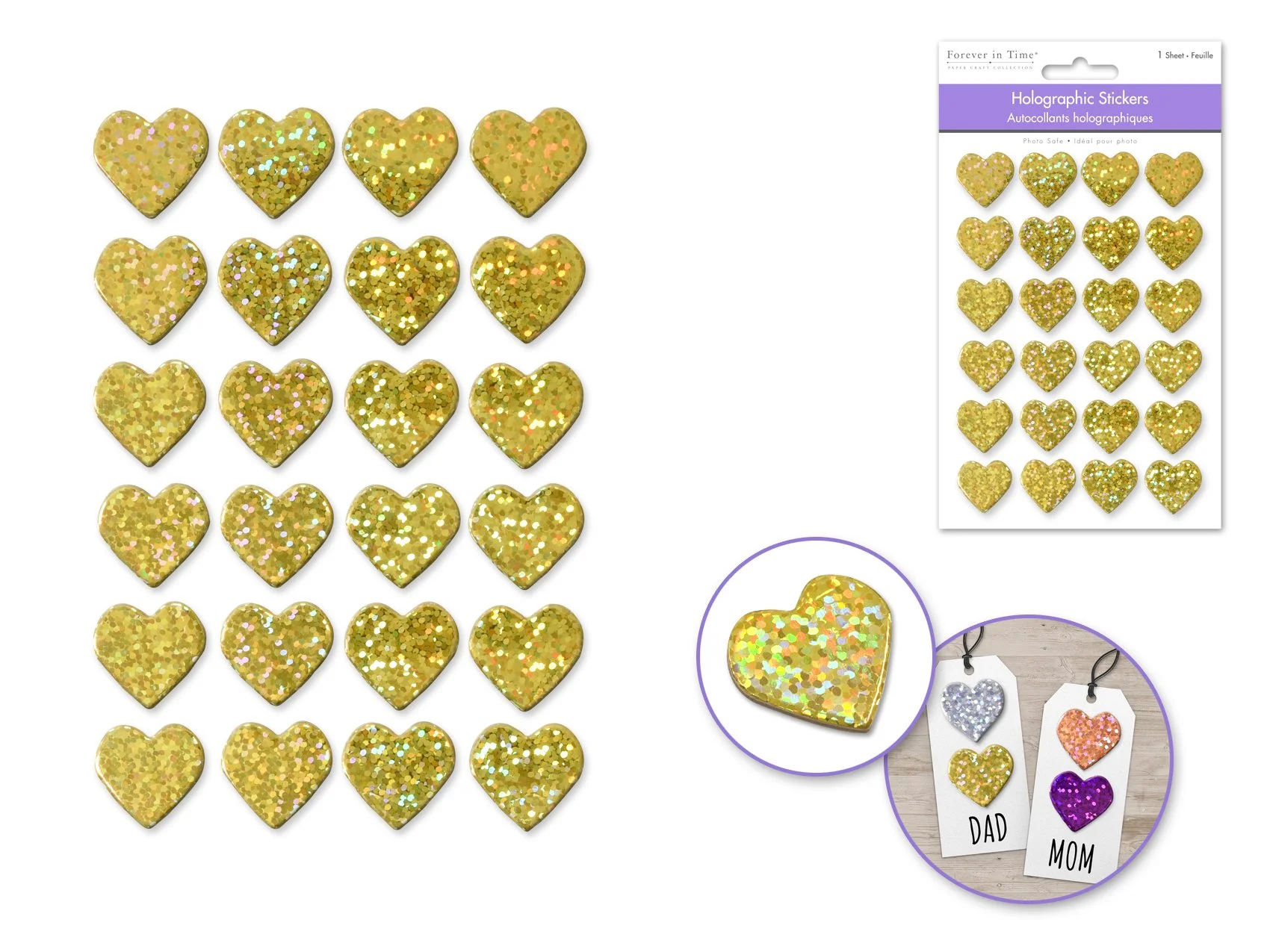 Paper Craft Sticker: 20cm*20cm Holographic Hearts 3D 24pc C) Gold