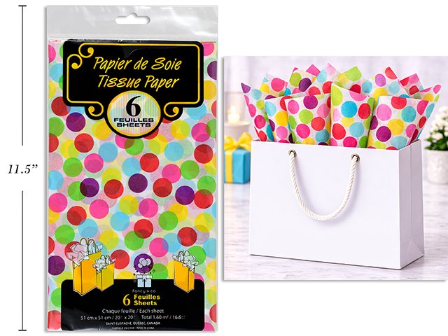 Printed Tissue Paper Colored Dots 6pc 20x20"