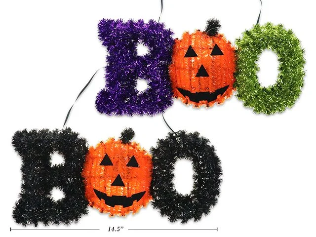 14.5in x 6.5in Hween Jack-o-Lantern BOO Tinsel Plaque 2 Asst. Styles