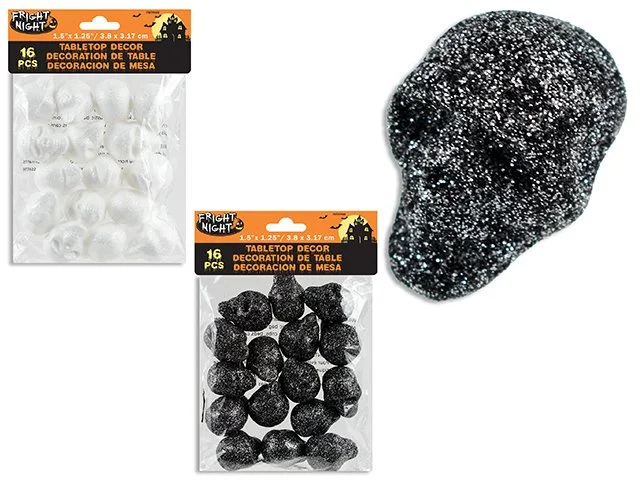 16pcs 1.5in(L) x 1.25in(H) Mini Glitter Skull Tabletop Decor. 2 Asst. Cols: White / Silver