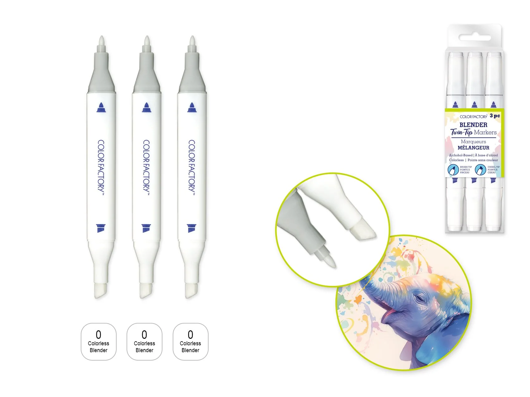 Color Factory: Alcohol Based Twin Markers Fine+Chisel Tips 3pk H) Clear Blender