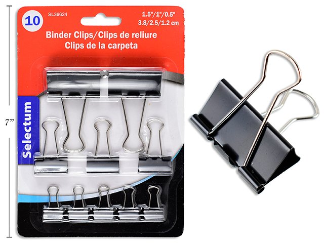 10PC BINDER CLIPS ASST SIZES 1.5" 1" & 0.5" BLACK (2X1.5" + 3X1" + 5X0.5" )
