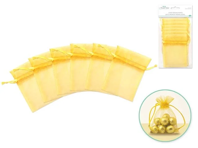 A Brides Wish: 3"x4" Organza Bags x6 Sheer w/Ribbon String A) Bright Gold