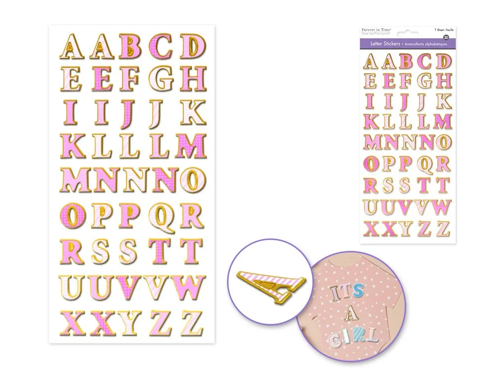 Paper Craft Sticker: 5.5"x10.9" 3D Foil Border Alphabets B) Bubblegum