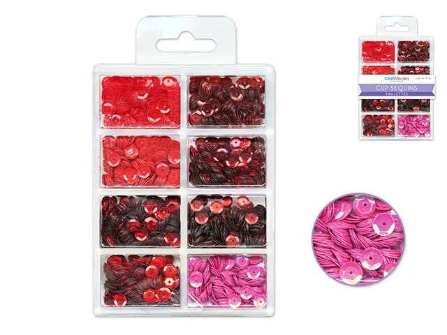 Craft Medley: 6mm Cup Sequins 25g Plastic Case 8-comp H) Rouge