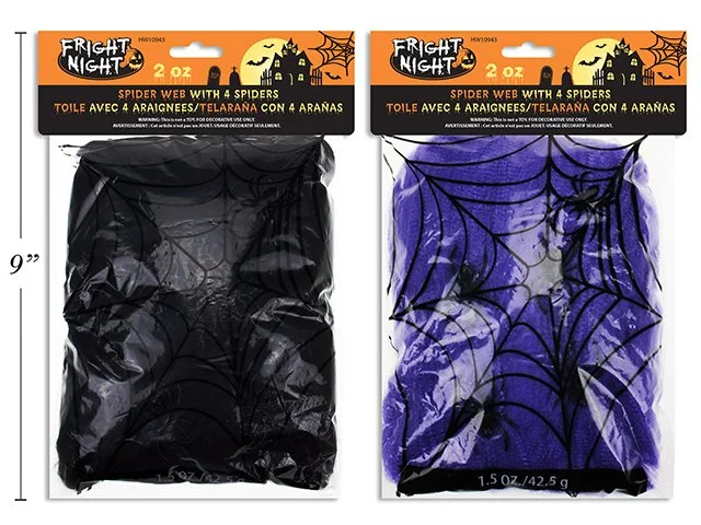2oz. Coloured Spider Web w/4 Spiders. Colours: Black / Purple / Green / Orange