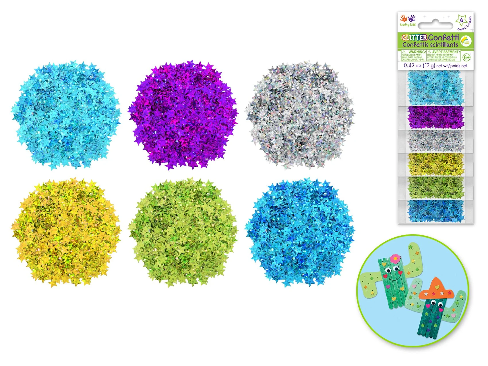Krafty Kids: 12g Glitter Confetti (6ea x 2g) B) 6mm Stars Glam