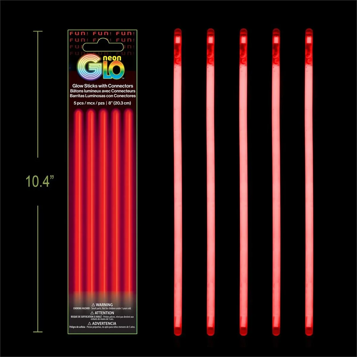 Neon Glo, Red, 5 pack, 8" Glow Sticks with Connectors, Foil Pack