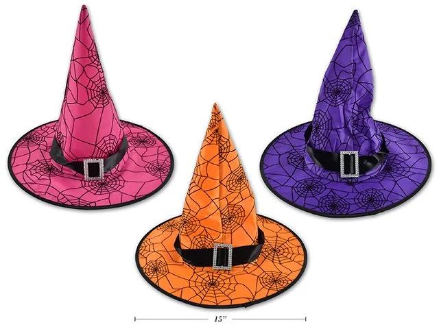 15in(D) x 14in(H) Spider Web Witch Hat w/Buckle. 3 Cols: Orange /Purple /Green
