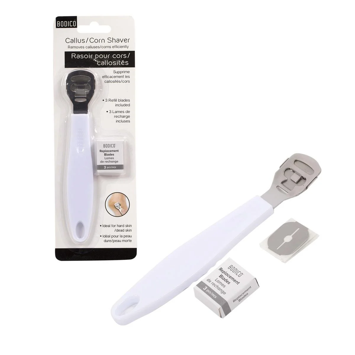 Bodico Callus/Corn Shaver w/ Extra 3 Blades, white handle