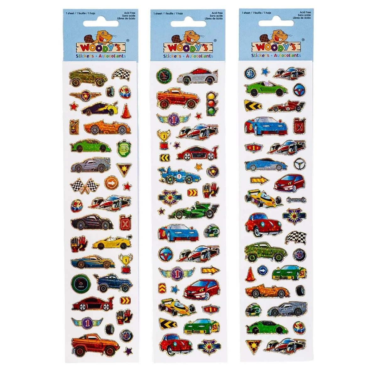 Woody's Stickers, Fast Cars, 3 styles , golden outline
