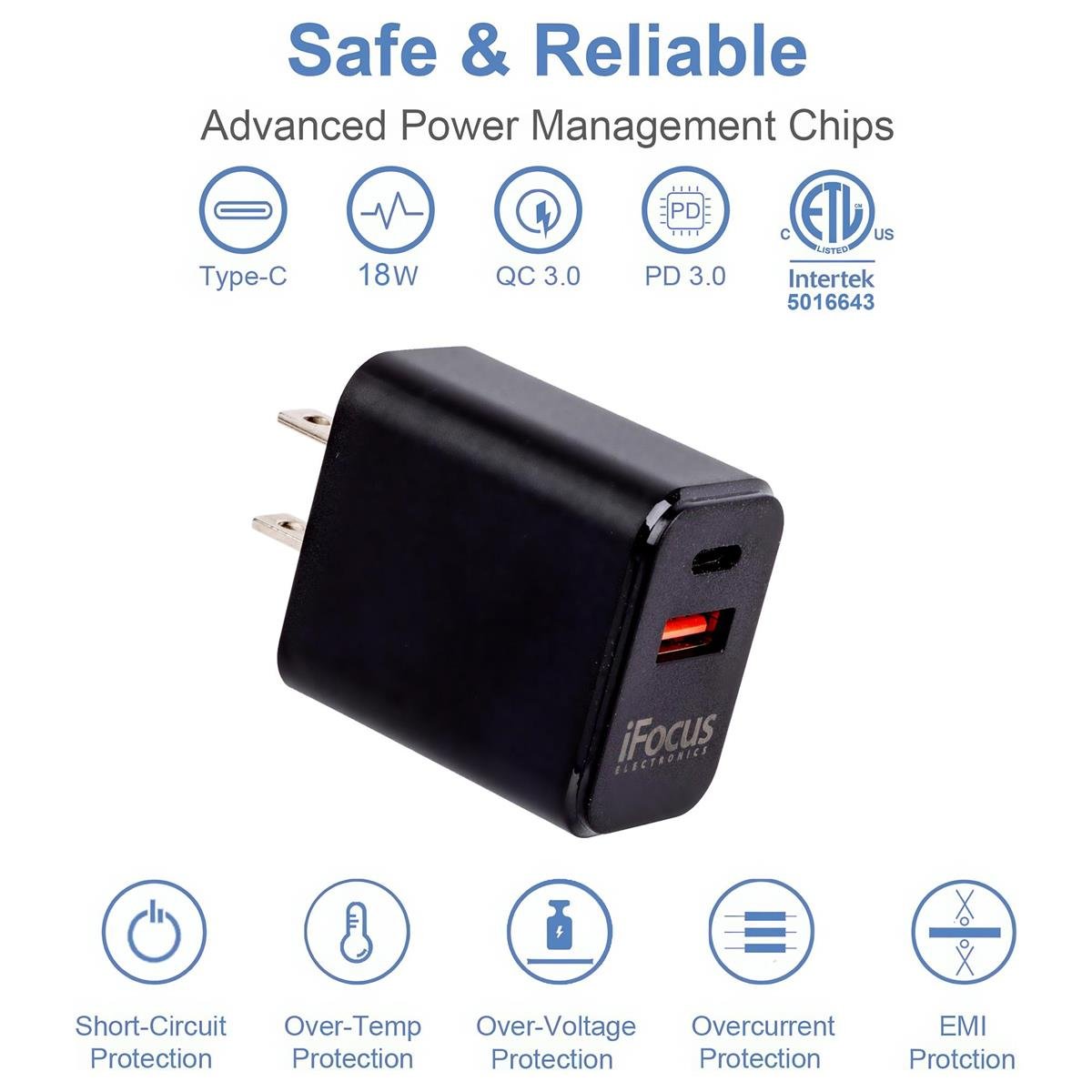 iFocus Dual PD+QC 18W USB Charger, BLK, 5V-12V/3A-1.5A shared power