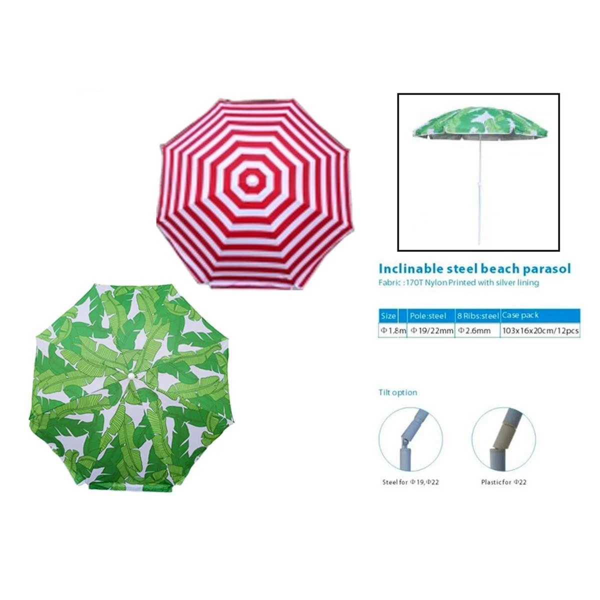 62'' Dia Beach Umbrella w/ Metal Tilt,UPF50+, 2/s