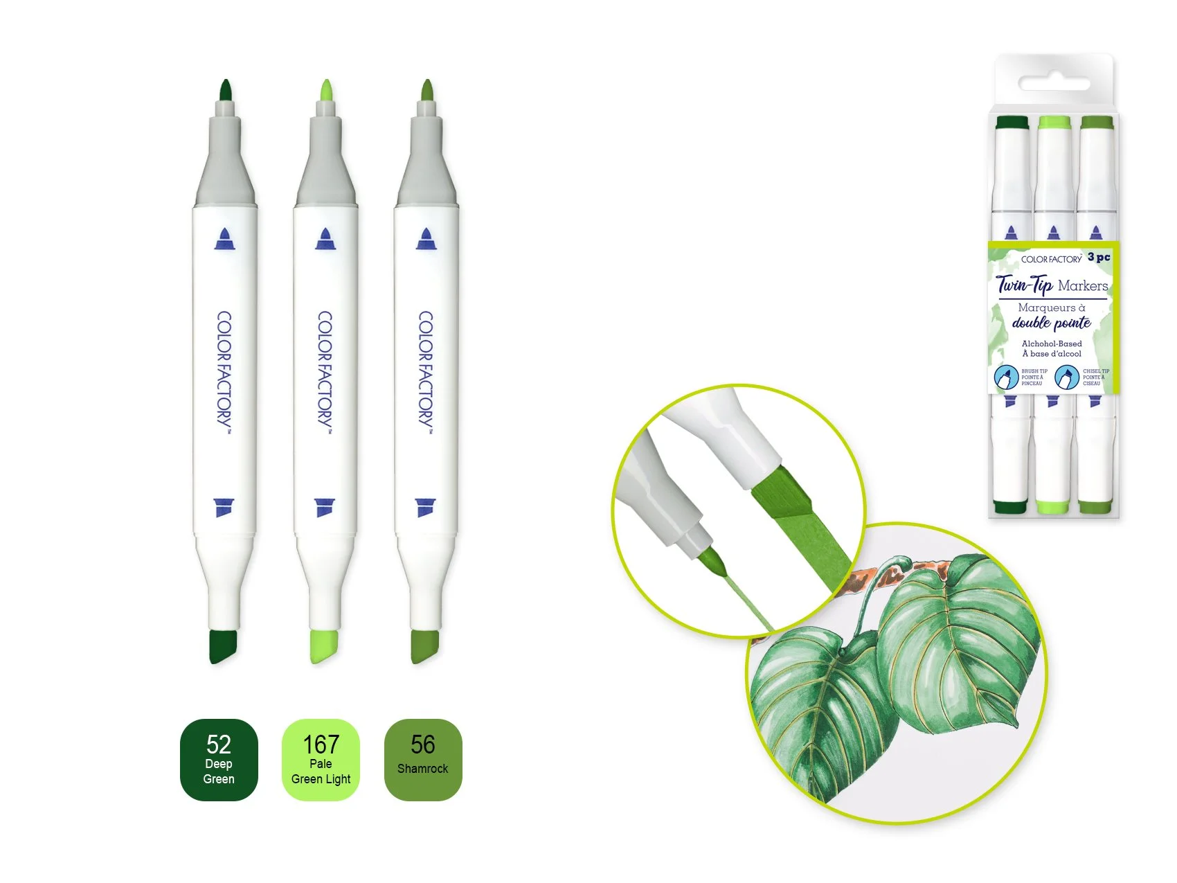 Color Factory: Alcohol Based Twin Markers Fine+Chisel Tips 3pk E) Verdi