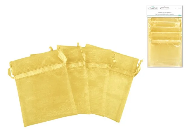 A Brides Wish: 4"x5" Organza Bags x4 Sheer w/Ribbon String A) Bright Gold
