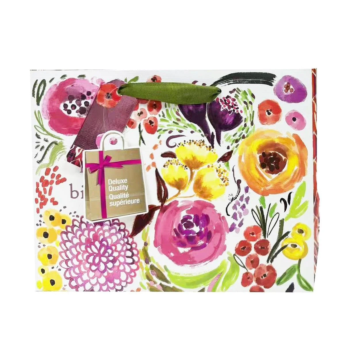 Paper T. Floral Bday DLX Gift Bag, Horizontal Medium, Matte+Emboss+HS, 9x7x4"