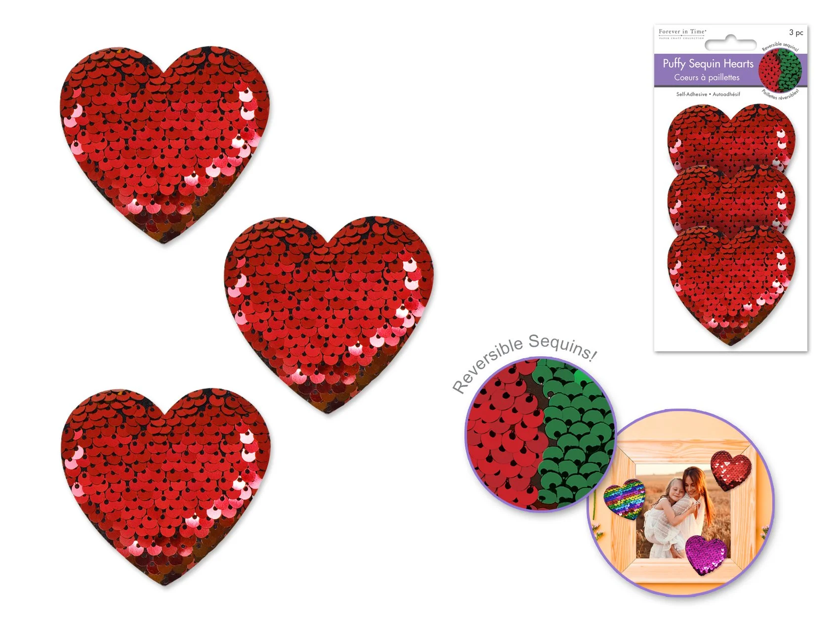 Paper Craft Emb: 2.4" Puffy Sequin Reversible Heart 3D Sticker 3pc C) Red