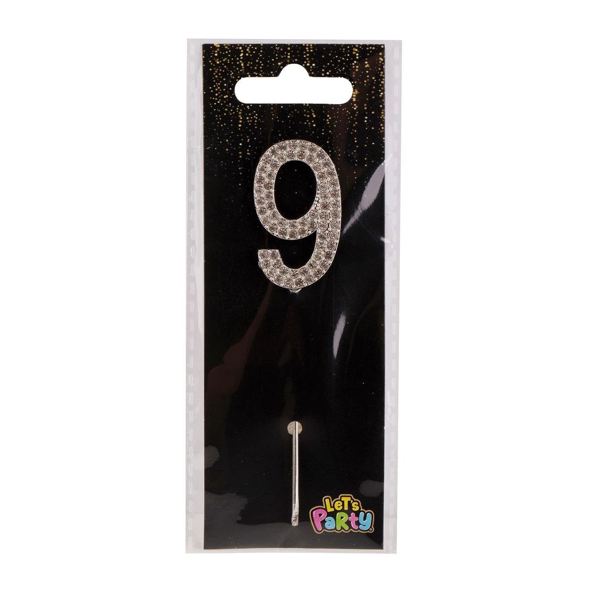 Let's Party #9 Rhinestone Numeral Cake Topper 4cmH, silver