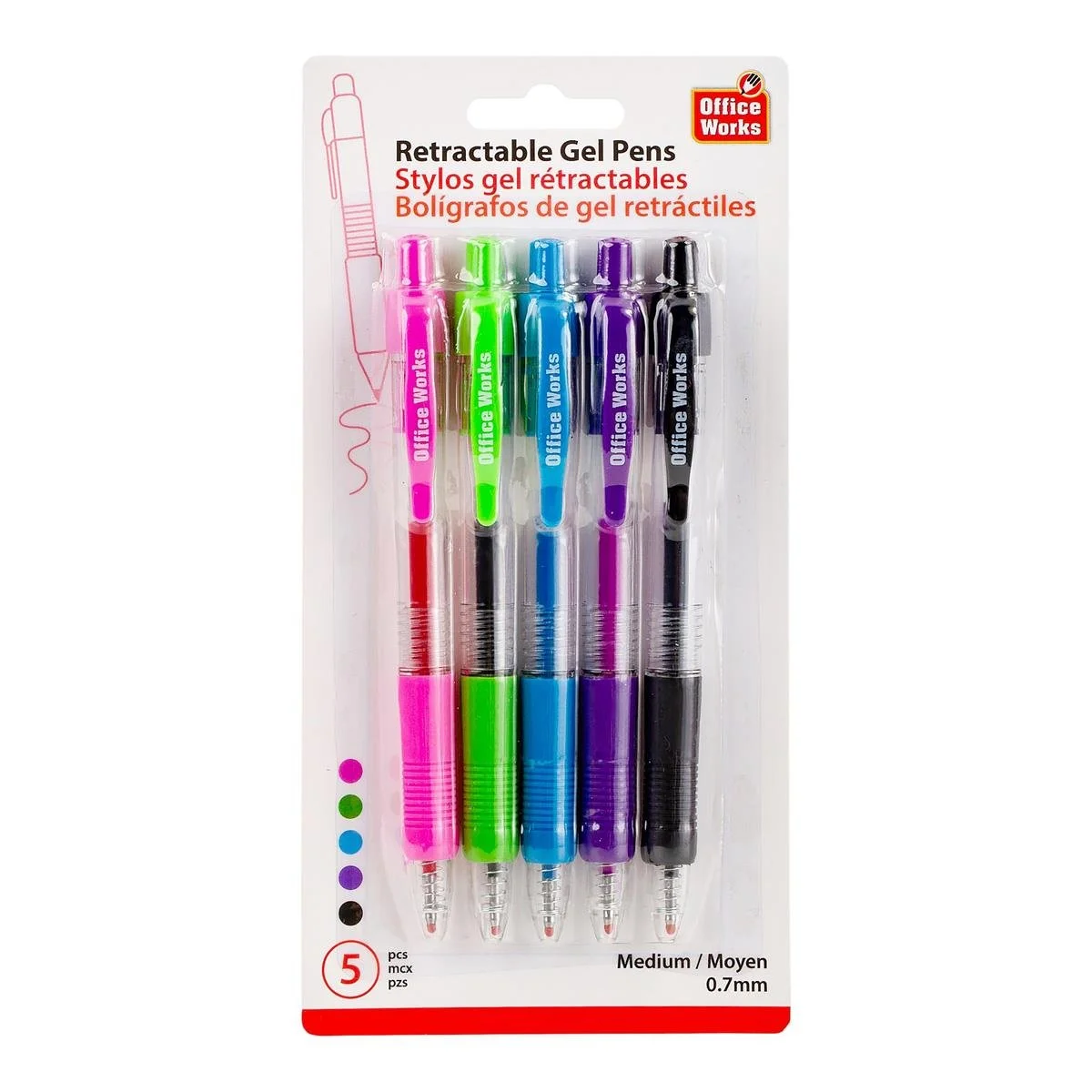 O.WKs. 5-pc Retractable Gel pen, 5 col