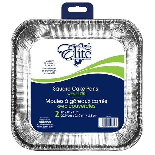 Chef Elite – Square Cake Pans with Plastic Lids – 9″ x 9″ x 1.5″ – 2Pk