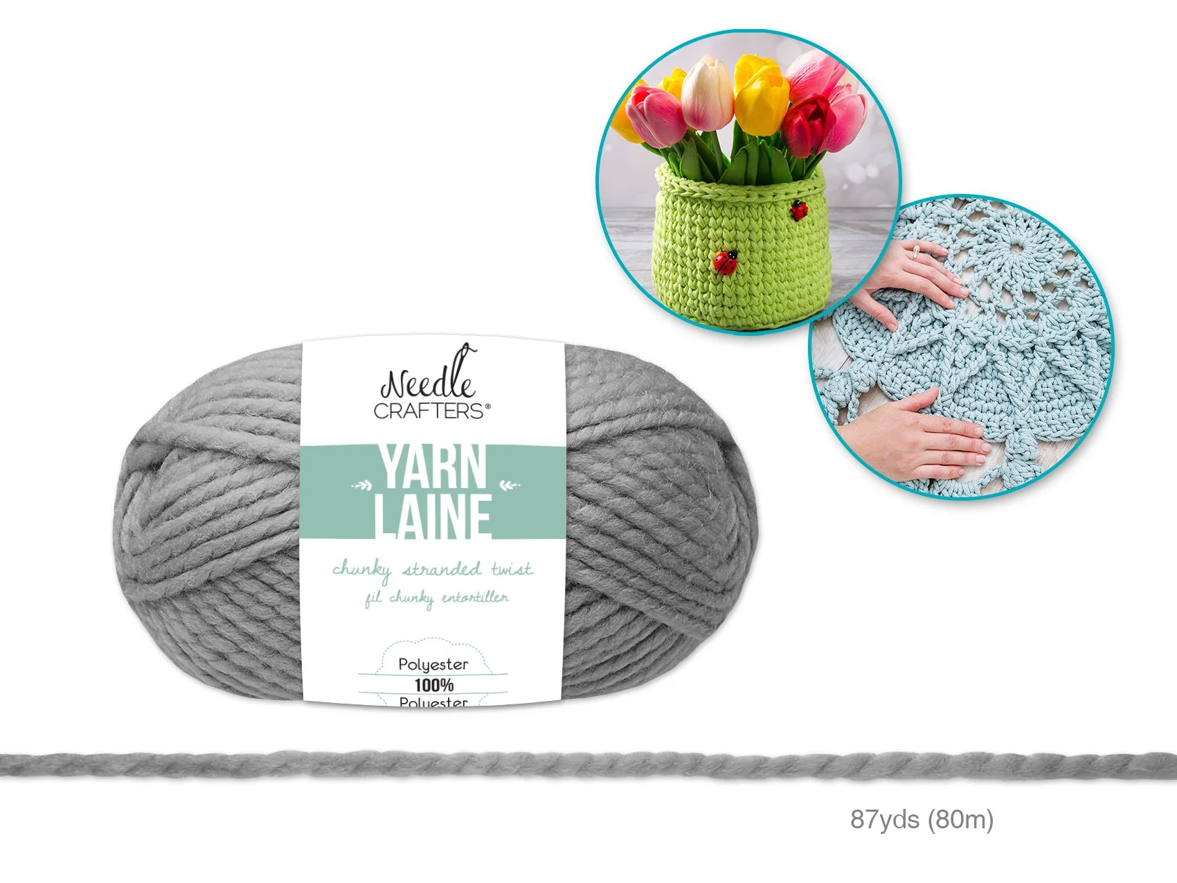 Needlecrafters: 100g Chunky Stranded Twist Poly Yarn D) Grey