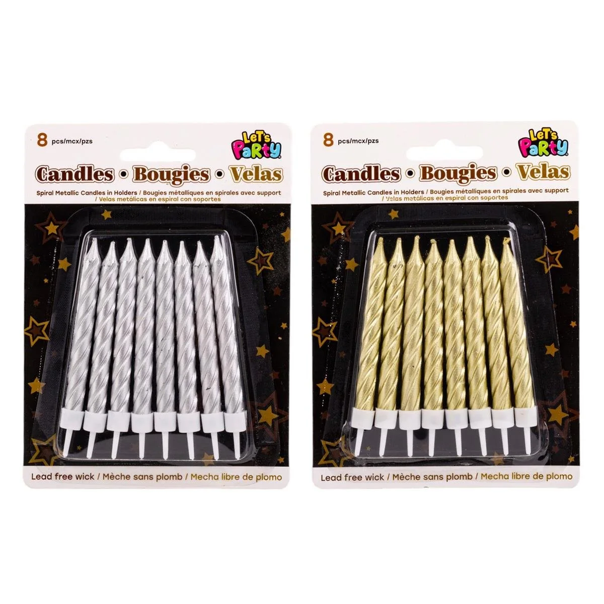 Let's Party, 8-pc Spiral Candle 3", w/holders, 2 Asst. Metalic Cols