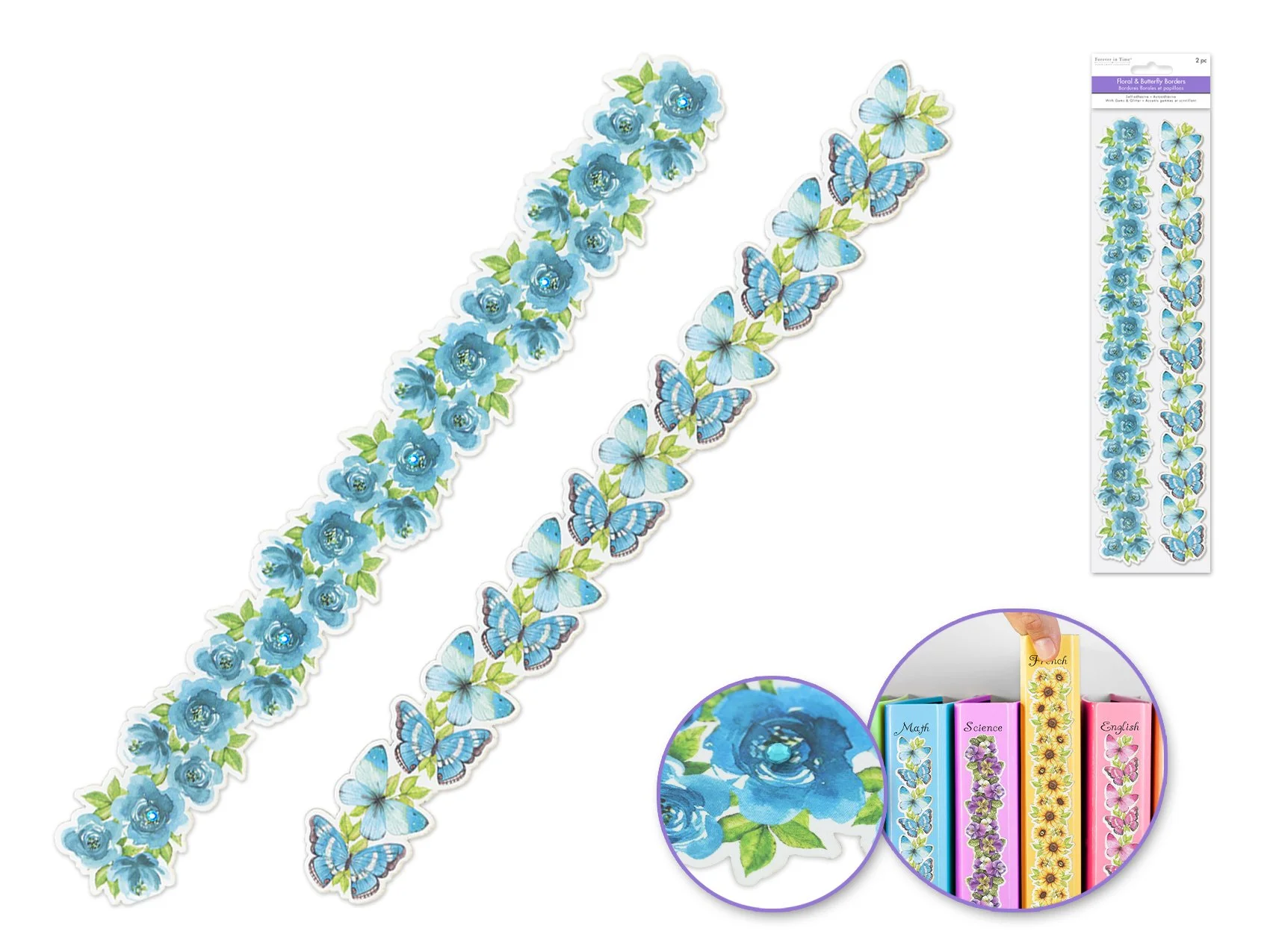 Paper Craft Sticker: 12" Floral+Bfly Borders x2 Paper w/Gems+Glitter C) Blue Hibiscus