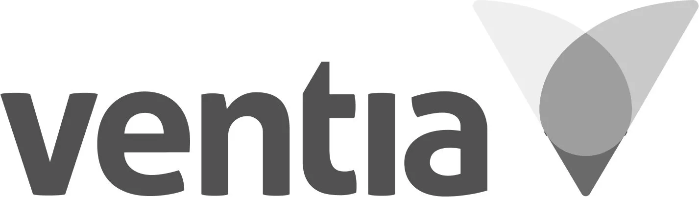 Ventia logo with stylized check mark and curved design in shades of gray.
