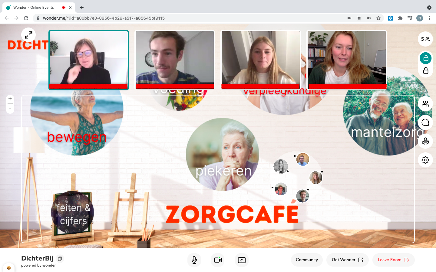 Online bijeenkomst over zorgonderwerpen met deelnemers en woorden zoals beweging, piekeren, mantelzorg, verpleeghuige, feiten & cijfers, en zorgcafé