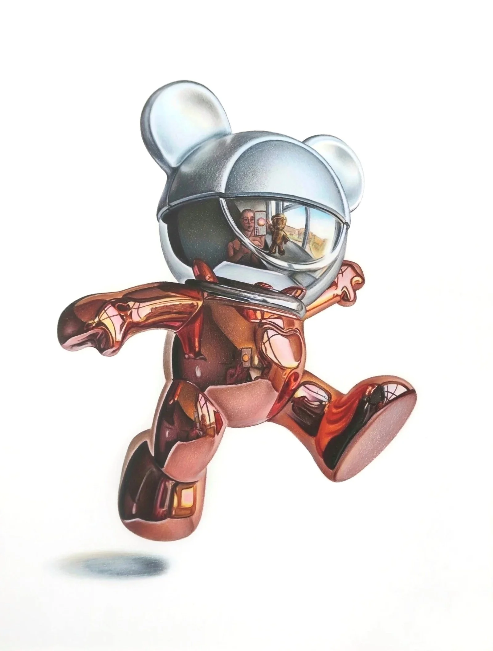 A robotic teddy bear with a reflective silver head and an orange metallic body, sitting on a white background.