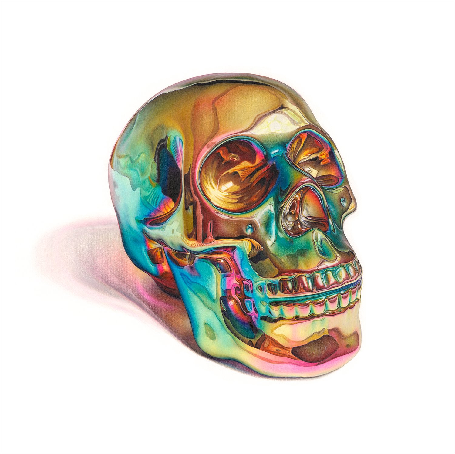 Colorful, artistic skull sculpture with vibrant hues and reflective surface.