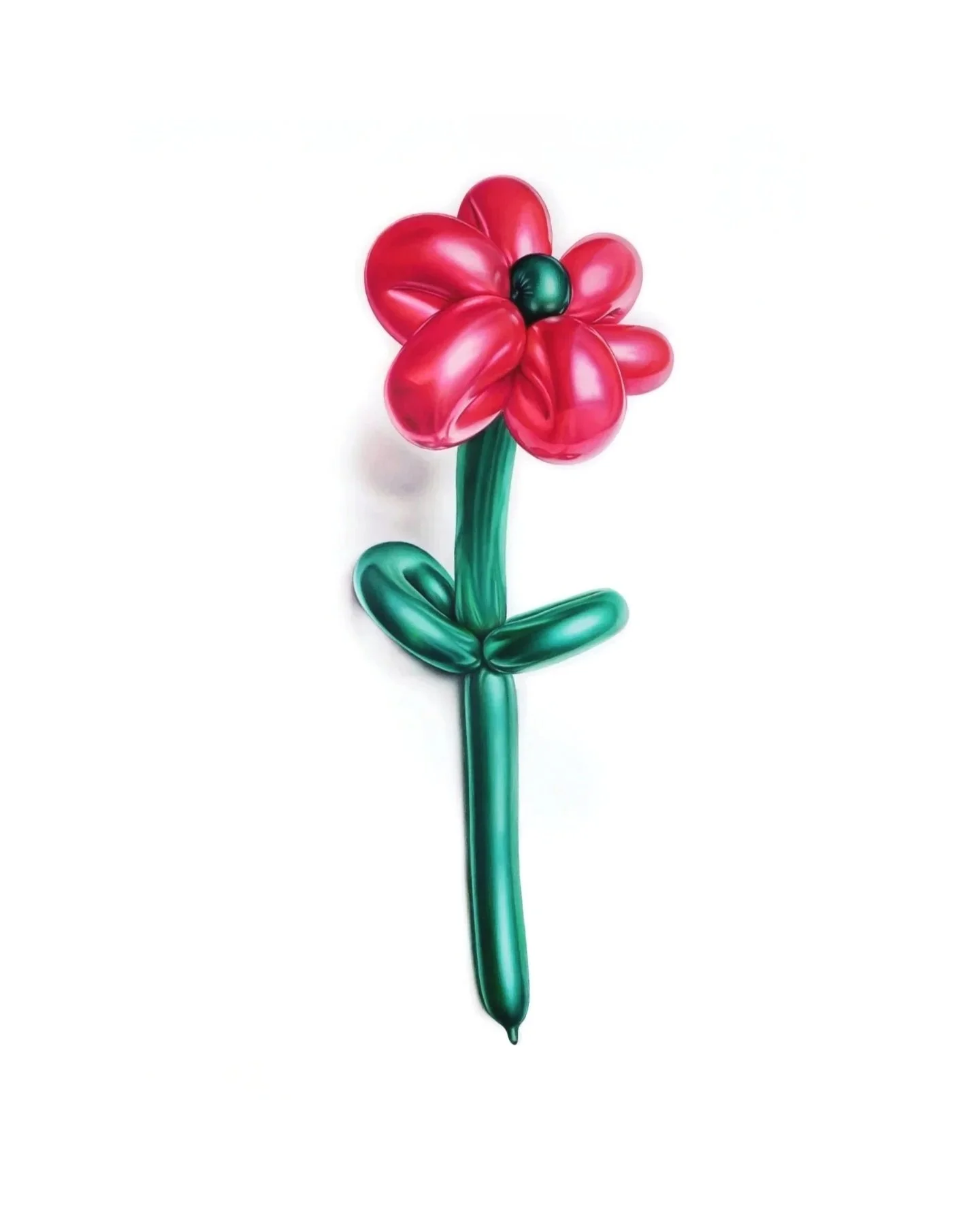 Balloon sculpture of a red flower with a green stem and leaves, set against a white background.