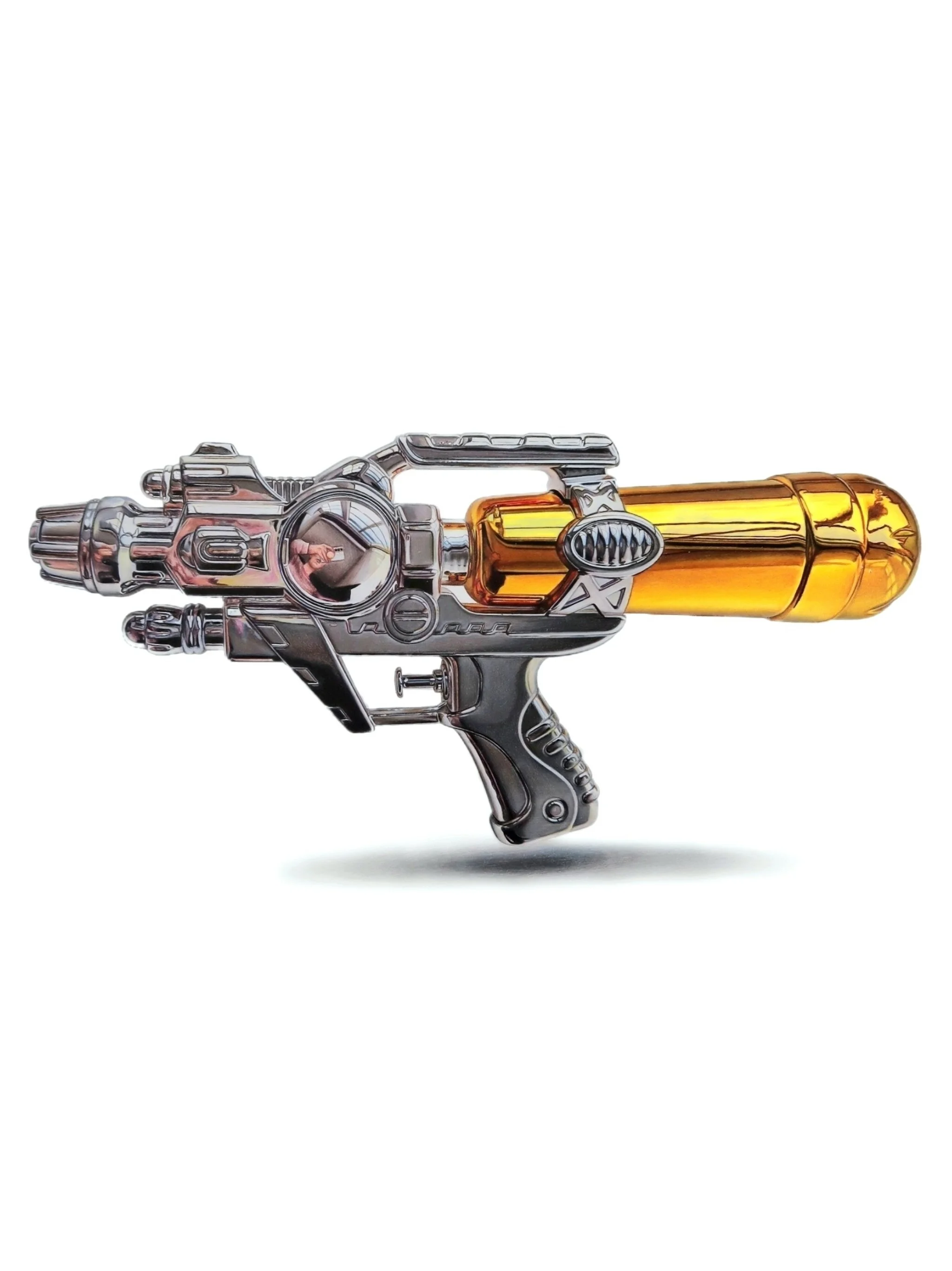 A futuristic toy gun with metallic silver and gold parts, small details and a transparent golden barrel, set against a white background.