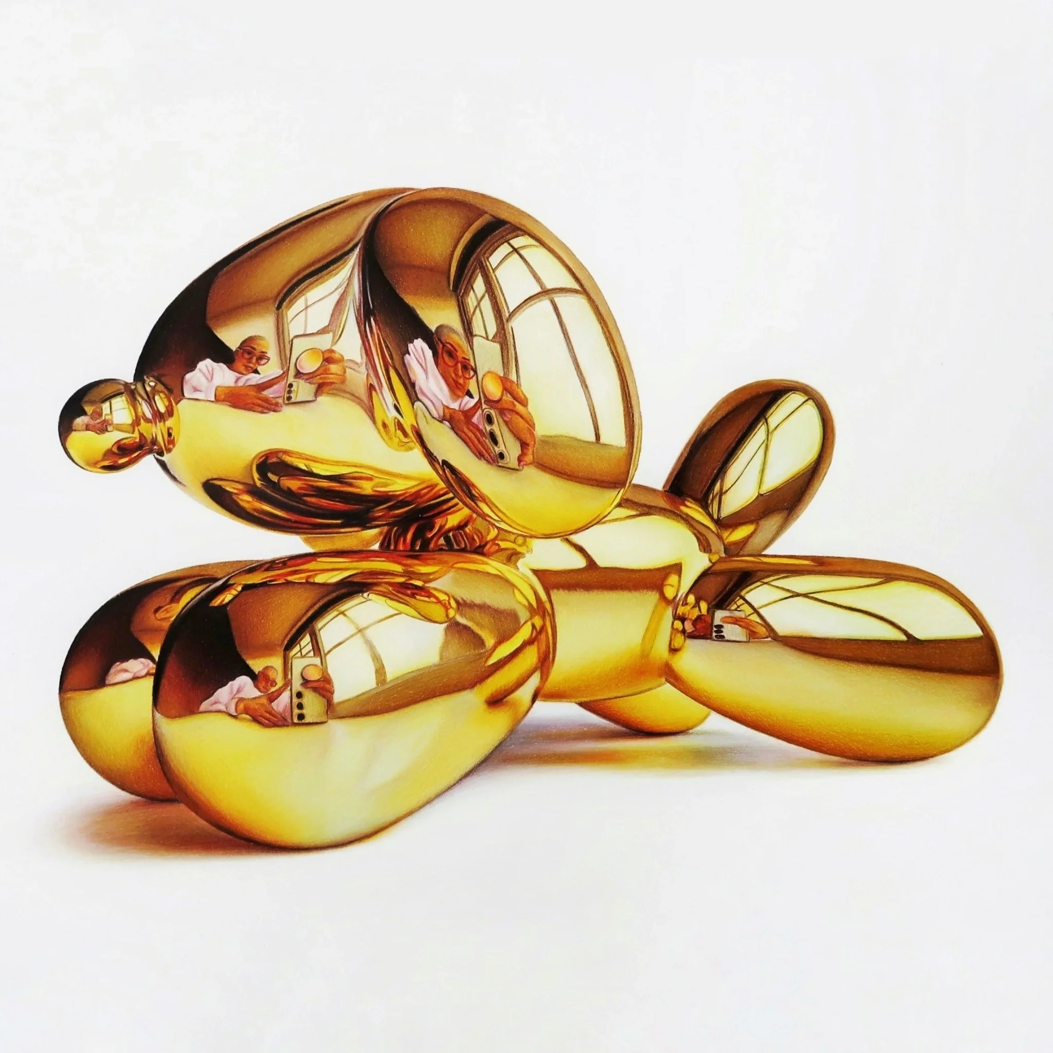 Close-up of shiny, yellow, rounded objects with reflections and small illustrations of people on their surfaces, set against a white background.