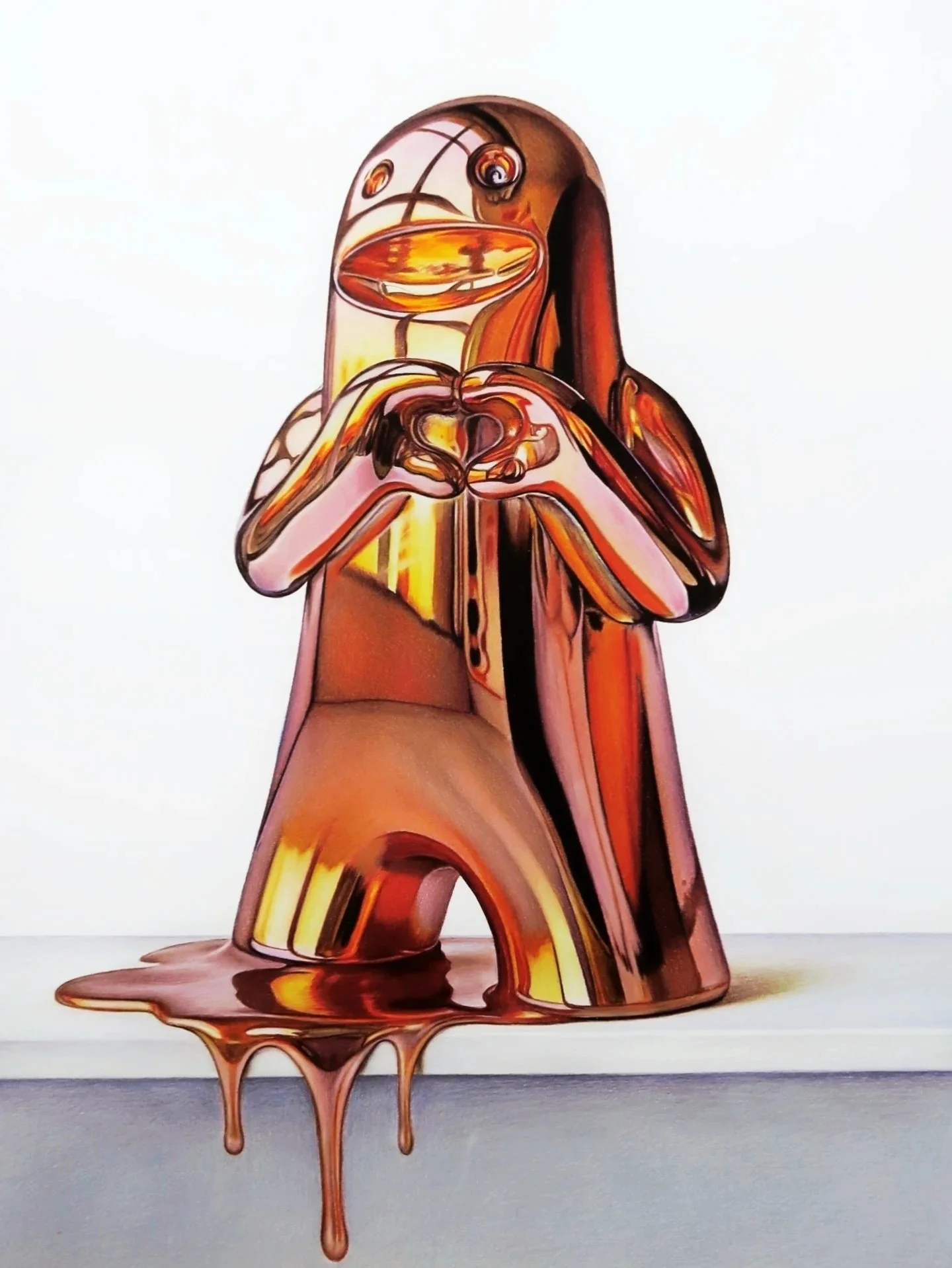 Sculpture resembling a humanoid figure with melting, glossy, orange and brown features, with dripping liquid at the base.