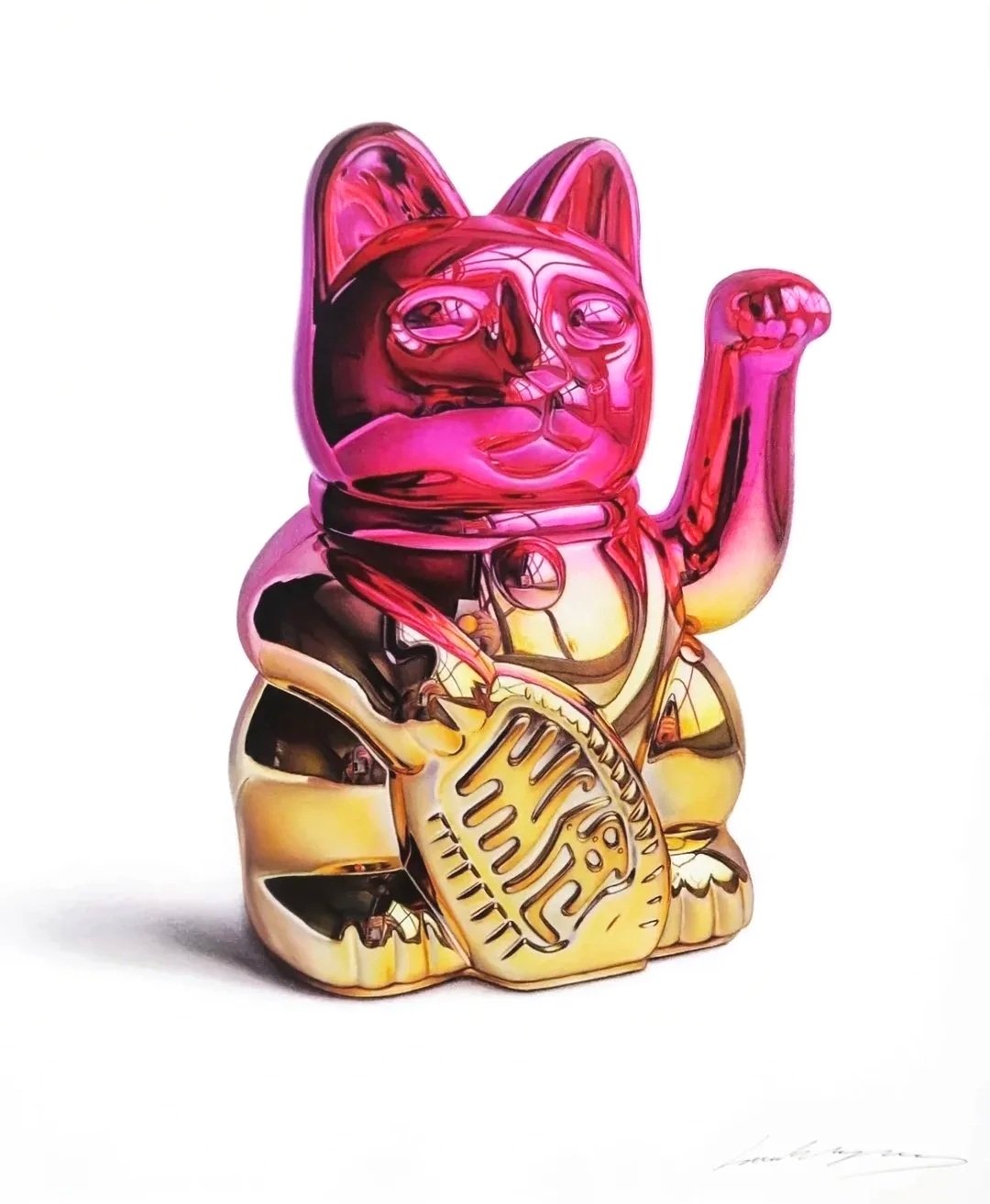Original coloured pencil hyperrealistic drawing by Hannah Lipsey of a metallic Lucky Cat