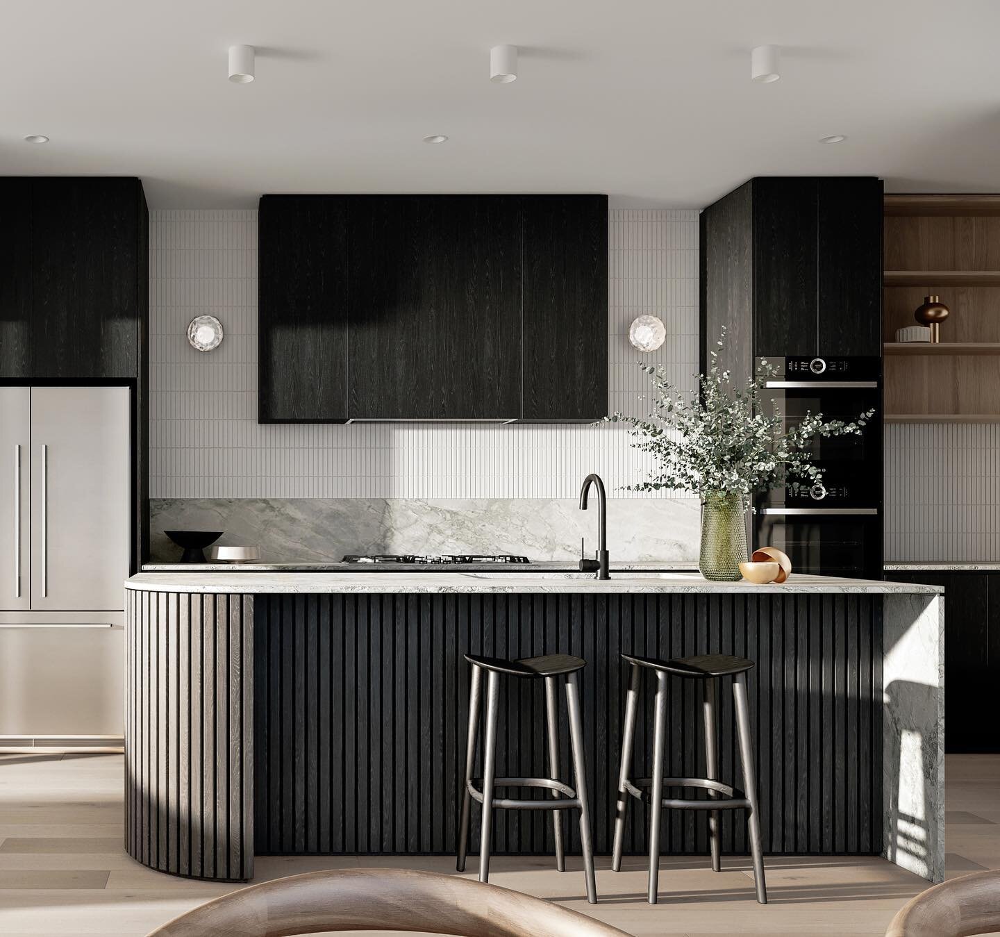 Heartwood 🖤 1 of 2 Camp Hill townhouses by @kyabelau and @by.pilgrim coming real soon 🙌🏼
.
Renders by @_skaistudio 
#interiordesigner #brisbaneinteriordesigner #interiordesignbrisbane #kitchendesign #camphill #blackkitchen #brisbanedesigner